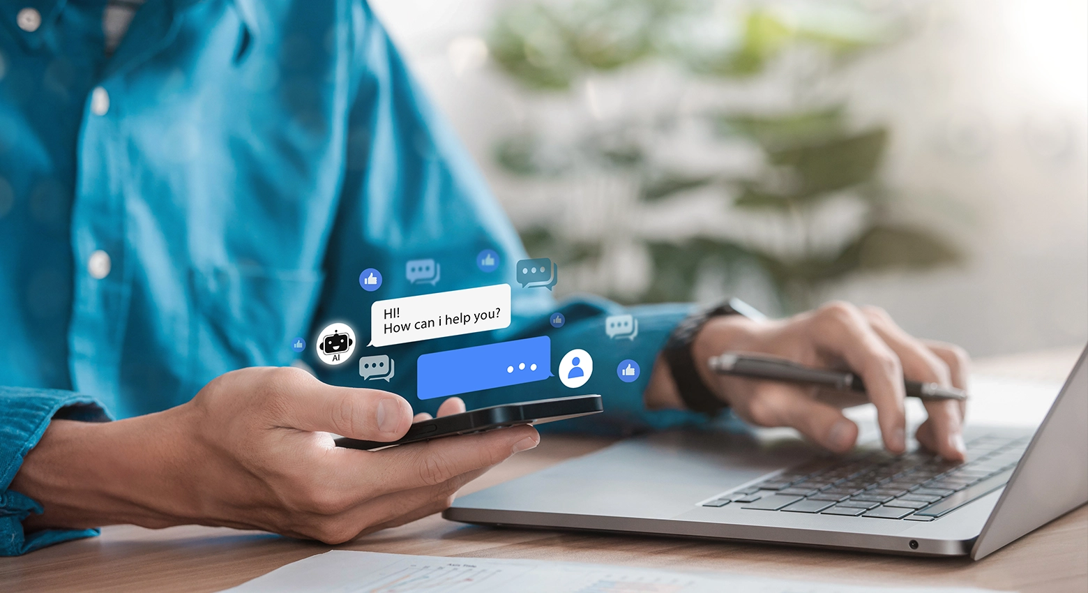 des hommes tenant un téléphone à la main, avec le texte « IA » flottant