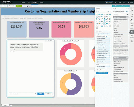 Cette image est une capture d'écran de l'application Cloudera Data Visualization, montrant un utilisateur faisant glisser une colonne de mesures vers l'étagère Embedding Context pour configurer son AI Visual