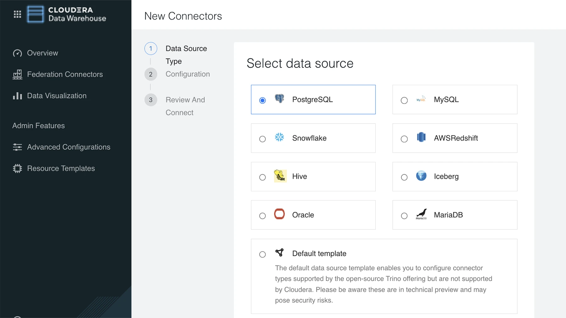 Capture d'écran des connecteurs Cloudera Data Warehouse