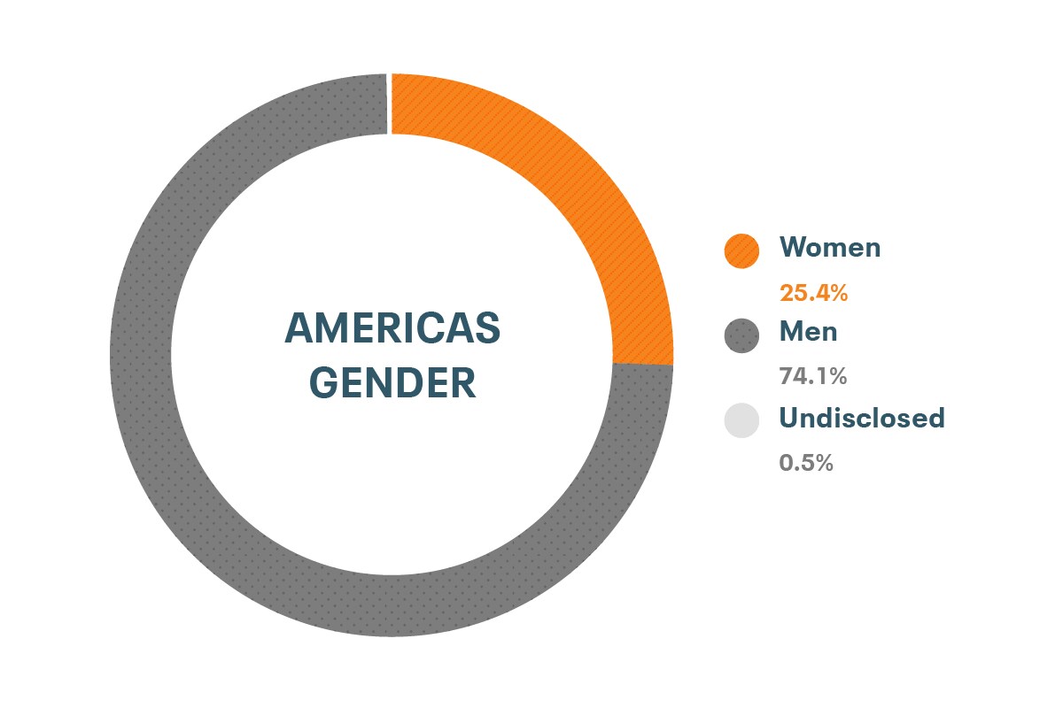 Données de Cloudera sur la diversité et l'inclusion en matière de genre en Amérique : 25,4 % de femmes, 74,1 % d'hommes, non précisé 0,5 %