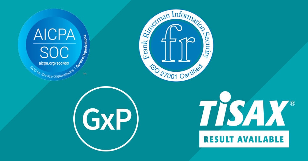 Logos : SOC GxP TISAX FRIS ISO27001 